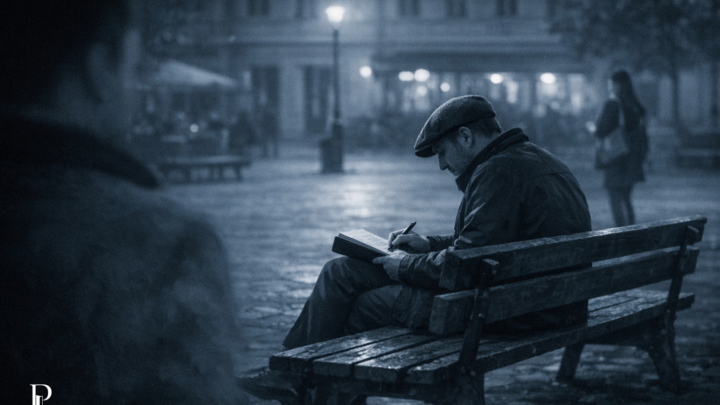Uomo solo su una panchina sotto la pioggia in una piazza notturna