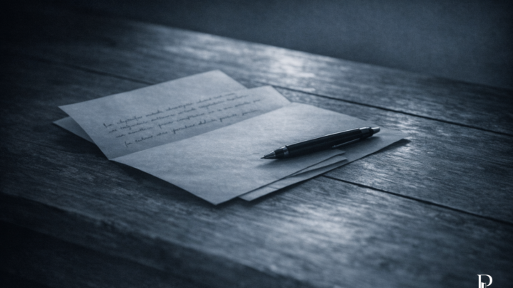 Lettera manoscritta e penna su un tavolo scuro illuminate da una luce fredda