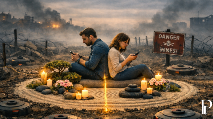 Un giardino zen come spazio di calma apparente, la crepa luminosa tra i due protagonisti, e il paesaggio desolato che suggerisce la tensione invisibile dell’amore di oggi.