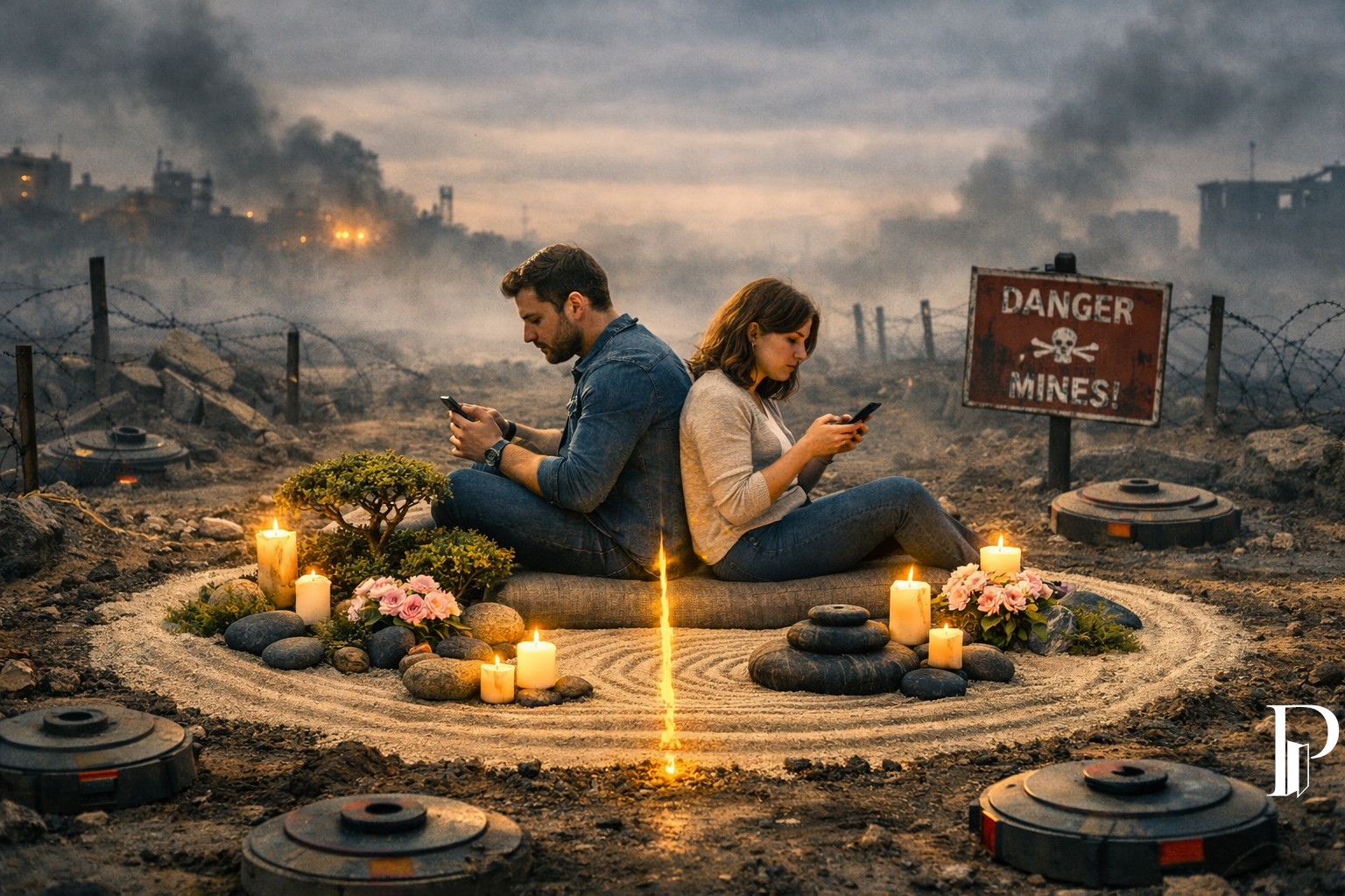 Un giardino zen come spazio di calma apparente, la crepa luminosa tra i due protagonisti, e il paesaggio desolato che suggerisce la tensione invisibile dell’amore di oggi.