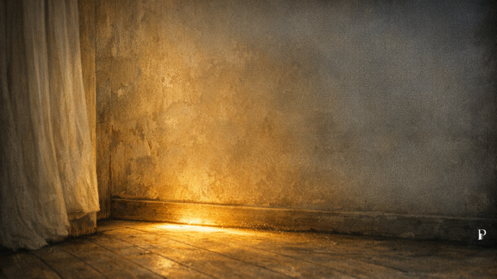 Parete e pavimento vuoti attraversati da una striscia di luce dorata