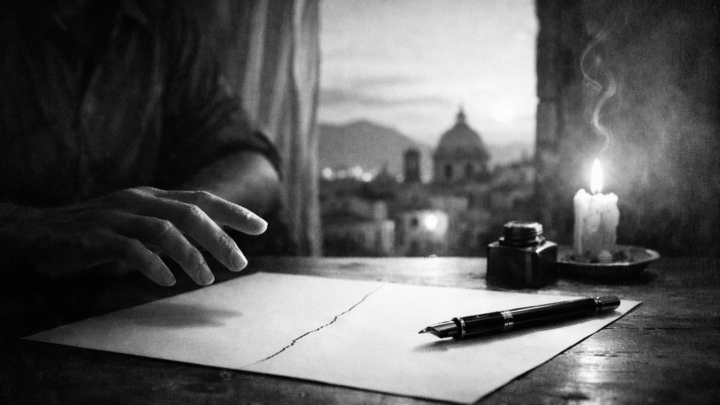 Un gesto interrotto: prosa sul silenzio e la scrittura. Una mano ferma sopra una pagina bianca