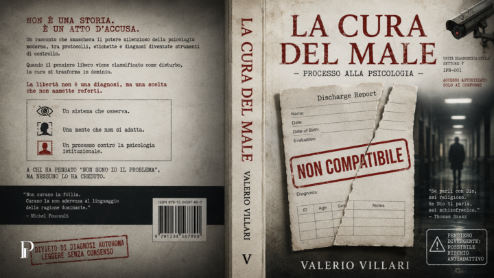 Copertina completa del libro La Cura del Male, con referto strappato, timbro Non compatibile e telecamera di sorveglianza