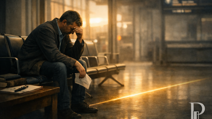 Uomo stanco seduto su una panchina in una stazione, con il volto tra le mani