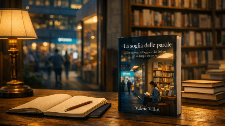 Mockup del libro La Soglia delle Parole su un tavolo di libreria, accanto a un quaderno aperto e pile di libri