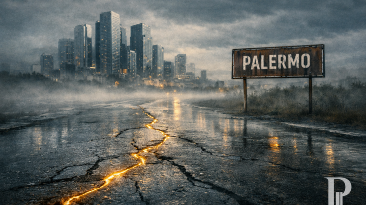 Strada bagnata e crepata verso una città nella nebbia, con cartello Palermo e una fenditura luminosa nell’asfalto