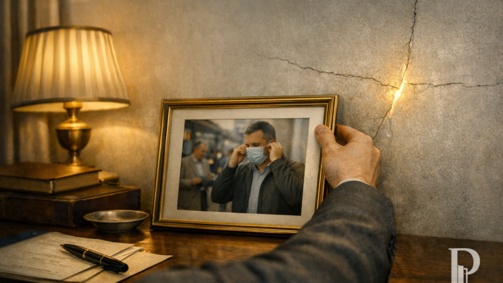 Mano che regge una fotografia di un uomo con mascherina davanti a una parete crepata e illuminata