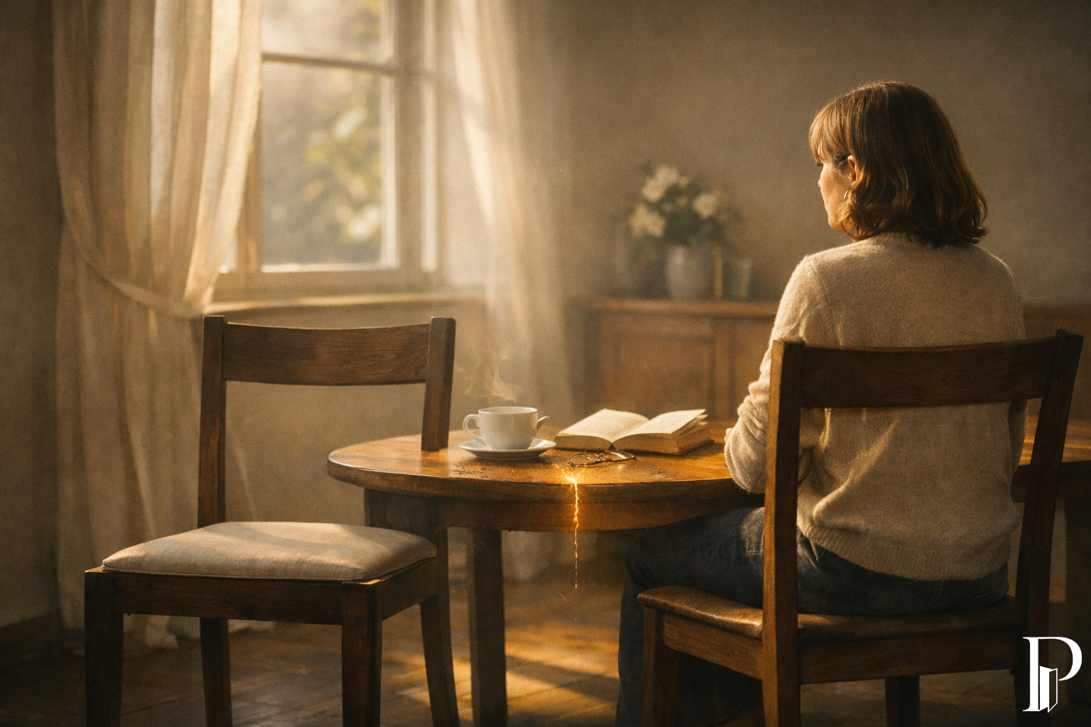Due sedie vicine, una vuota, una occupata; la luce che attraversa la stanza come un respiro., come una presenza fragile