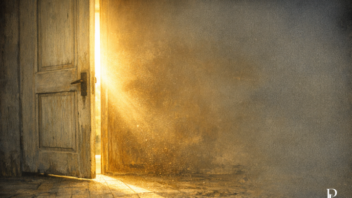 Porta socchiusa da cui entra una forte luce dorata in una stanza in penombra