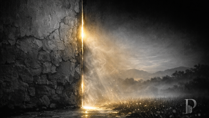 Una fessura sottile in un muro antico da cui filtra una luce dorata, come un respiro che attraversa il buio. Tra le crepe inizia la vita