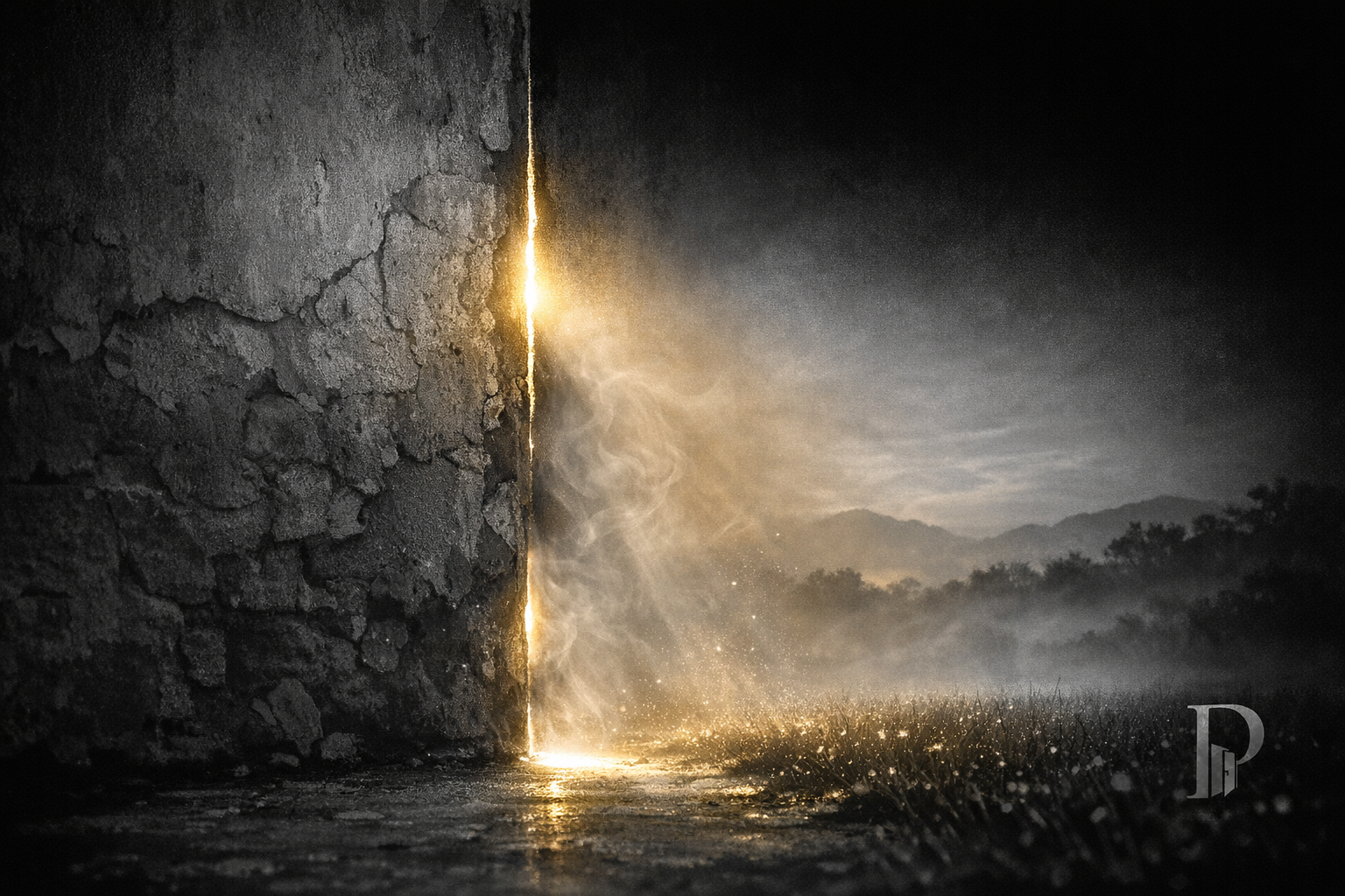 Una fessura sottile in un muro antico da cui filtra una luce dorata, come un respiro che attraversa il buio. Tra le crepe inizia la vita