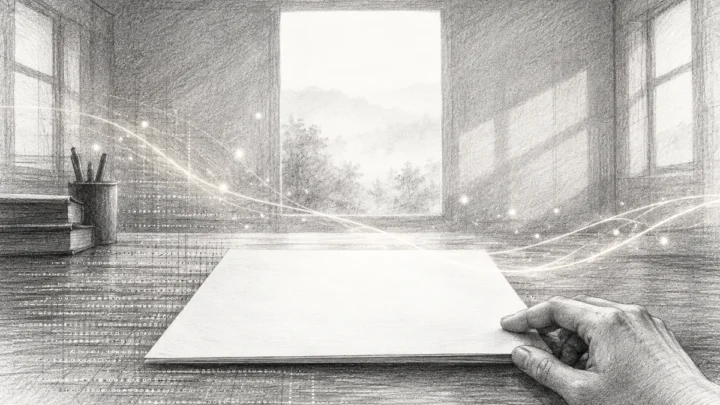Disegno in bianco e nero di una pagina aperta su una scrivania, con una mano, tracce di codice e linee luminose che attraversano lo spazio