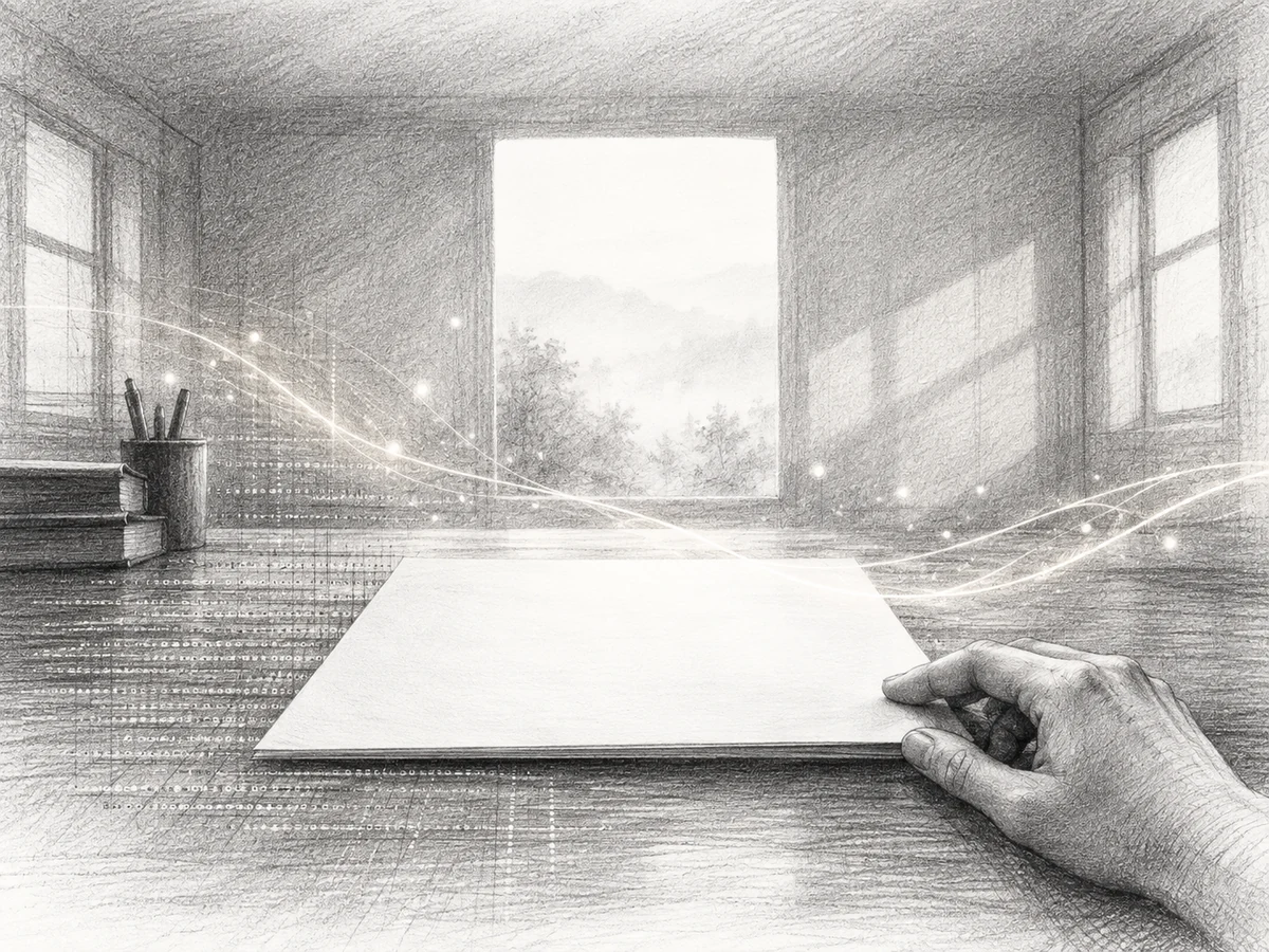 Disegno in bianco e nero di una pagina aperta su una scrivania, con una mano, tracce di codice e linee luminose che attraversano lo spazio