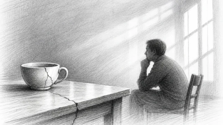 Disegno in bianco e nero di una tazza incrinata su un tavolo e di una persona seduta accanto alla finestra