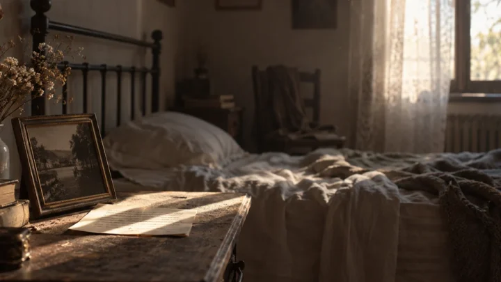 Camera da letto attraversata dalla luce, con fotografia e lettera su un tavolino