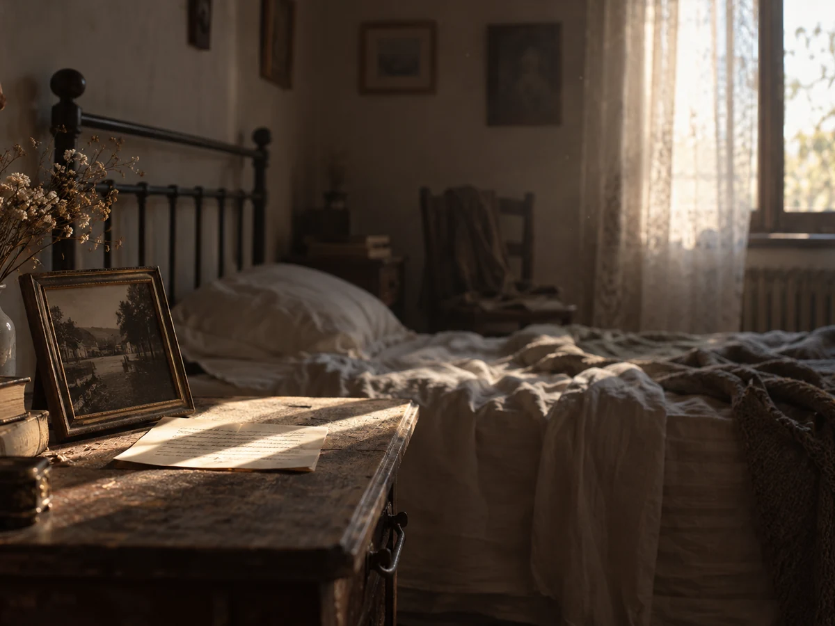 Camera da letto attraversata dalla luce, con fotografia e lettera su un tavolino