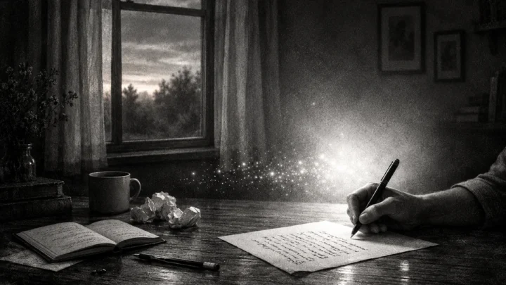 Mano che scrive a un tavolo, accanto a un quaderno e a una finestra al crepuscolo