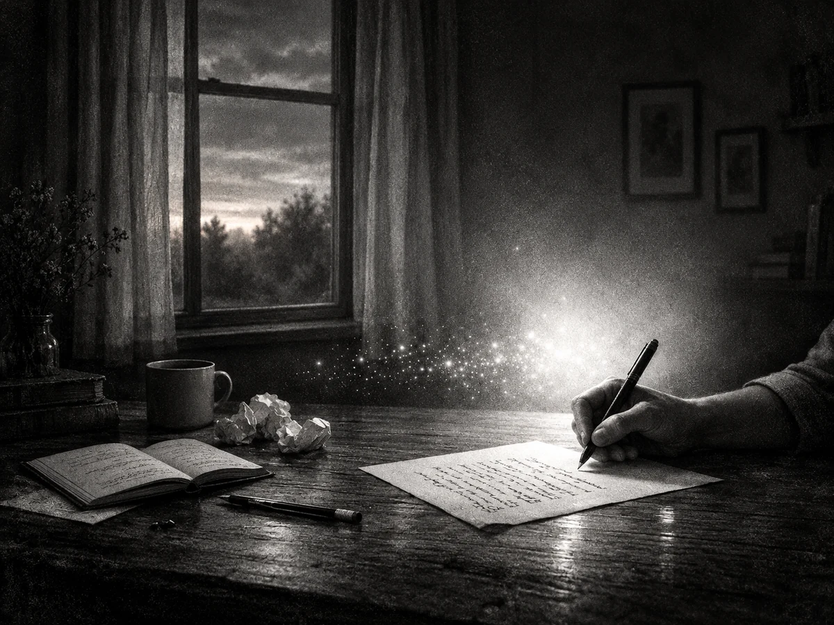 Mano che scrive a un tavolo, accanto a un quaderno e a una finestra al crepuscolo