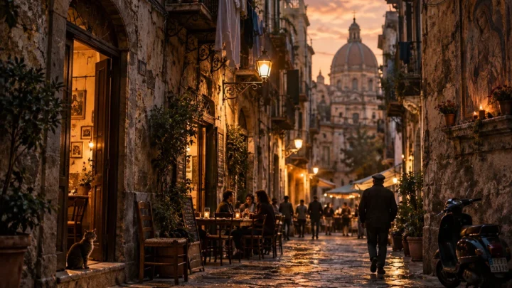 Vicolo di Palermo al tramonto, tra luci calde, tavoli all’aperto e una cupola sullo sfondo