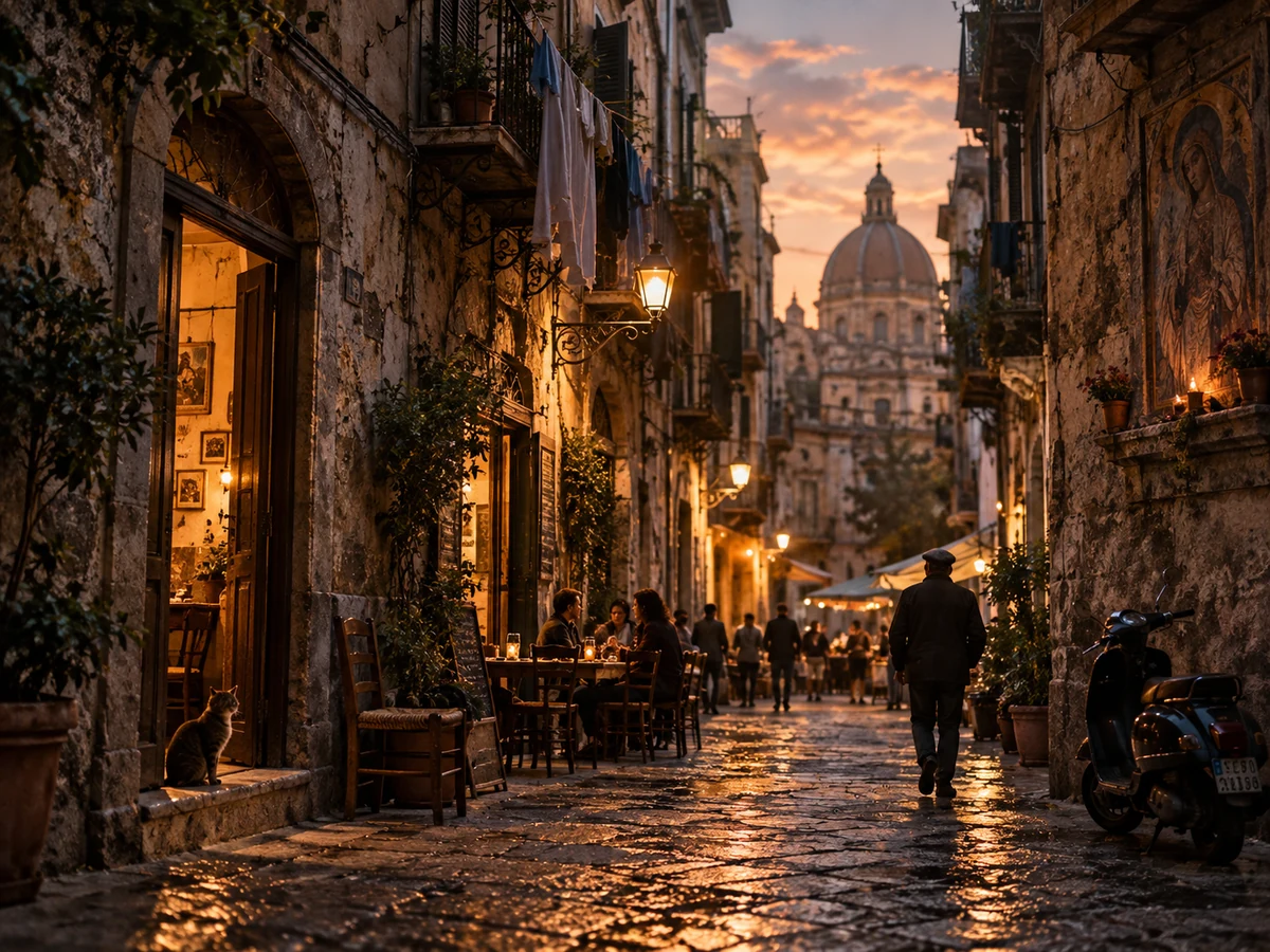 Vicolo di Palermo al tramonto, tra luci calde, tavoli all’aperto e una cupola sullo sfondo