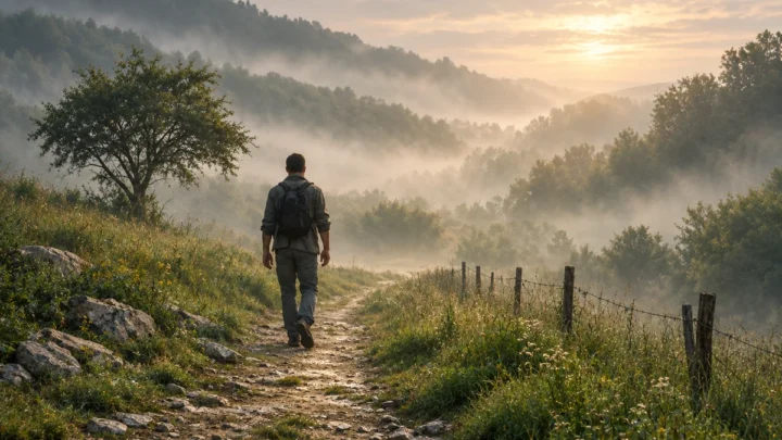 Persona vista di spalle che cammina lungo un sentiero immerso nella foschia del mattino