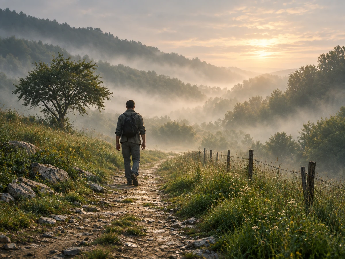 Persona vista di spalle che cammina lungo un sentiero immerso nella foschia del mattino