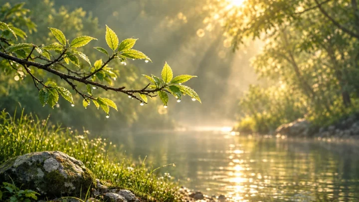 Ramo verde illuminato dal sole sopra un corso d’acqua in una quieta luce mattutina