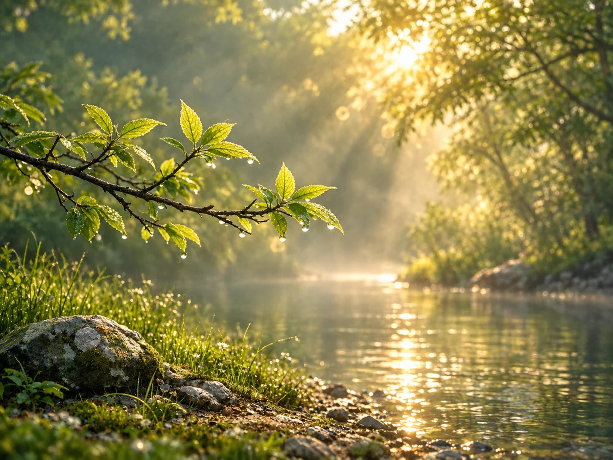 Ramo verde illuminato dal sole sopra un corso d’acqua in una quieta luce mattutina