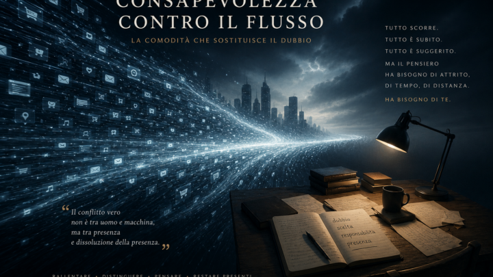 Soglia visiva per Presenza e consapevolezza contro il flusso, costruita per accompagnare il racconto in Casa Creativa