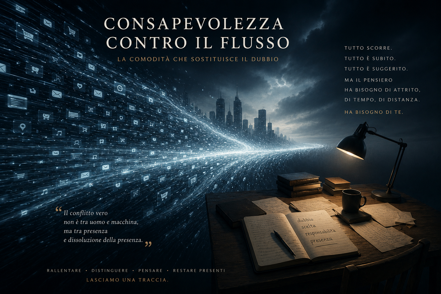 Soglia visiva per Presenza e consapevolezza contro il flusso, costruita per accompagnare il racconto in Casa Creativa