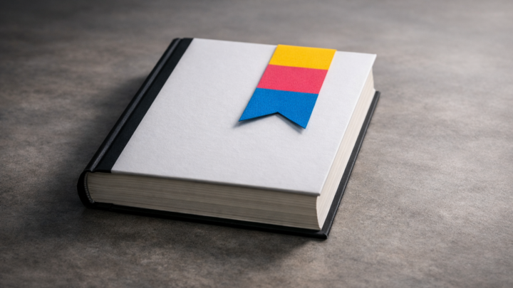Libro chiuso chiaro con tre segnalibri colorati appoggiati sulla copertina