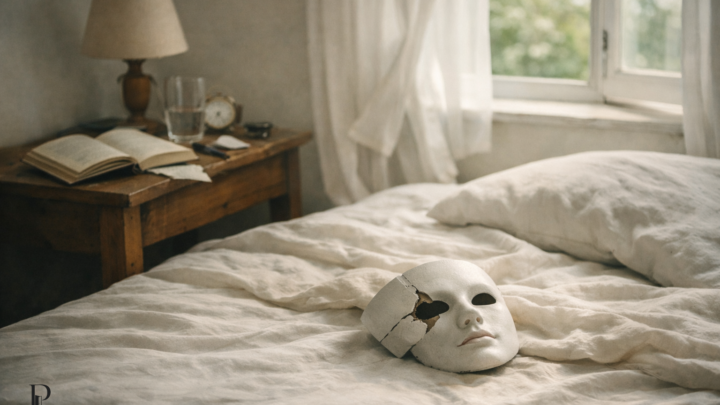 Soglia visiva per La maschera riposa, costruita per accompagnare il racconto in Casa Creativa