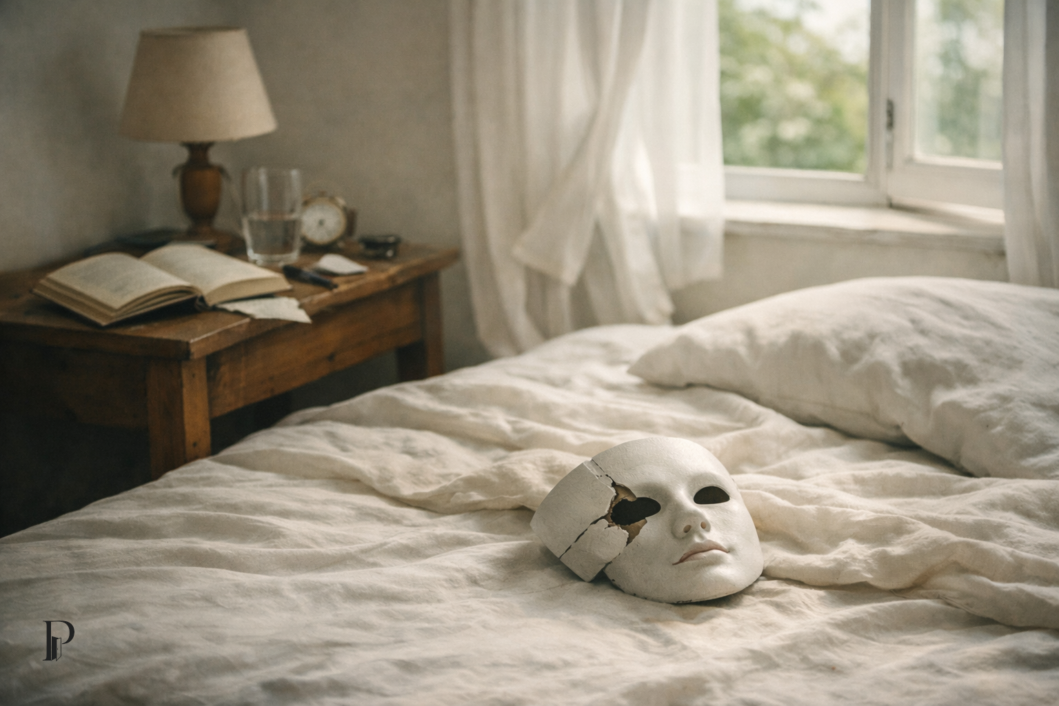 Soglia visiva per La maschera riposa, costruita per accompagnare il racconto in Casa Creativa