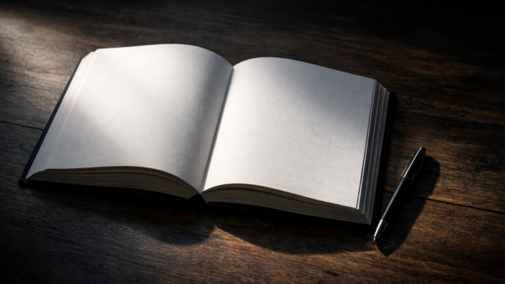 Libro aperto dalle pagine bianche su un tavolo scuro, con una penna accanto