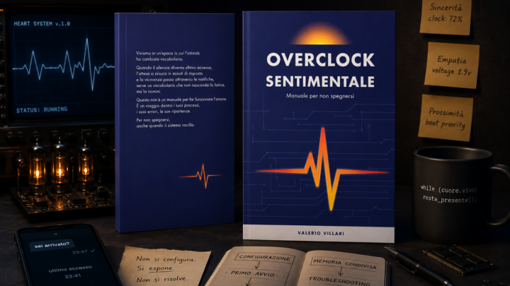 Mockup del libro Overclock Sentimentale tra monitor cardiaco, smartphone, appunti e componenti elettronici