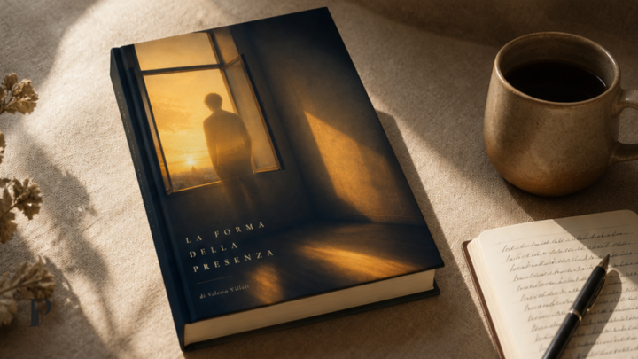 Mockup del libro La forma della presenza accanto a una tazza e a un quaderno, illuminato dalla luce del tramonto