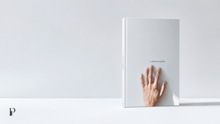 Mockup del libro L’ultimo a saperlo: volume bianco con una mano appoggiata sulla copertina