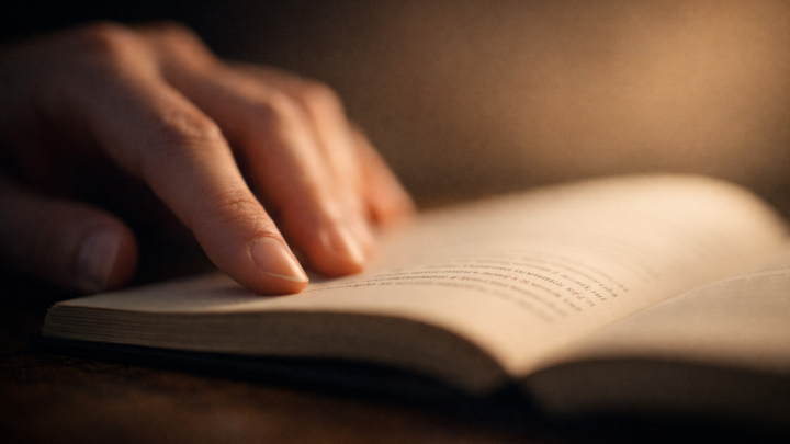 Mano che sfiora con un dito le righe di un libro aperto