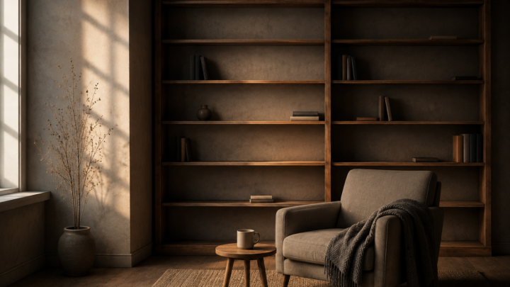 Poltrona davanti a una grande libreria quasi vuota, con pochi libri sparsi sugli scaffali