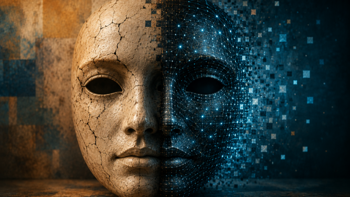 Maschera divisa a metà: superficie crepata da un lato e rete digitale luminosa dall’altro