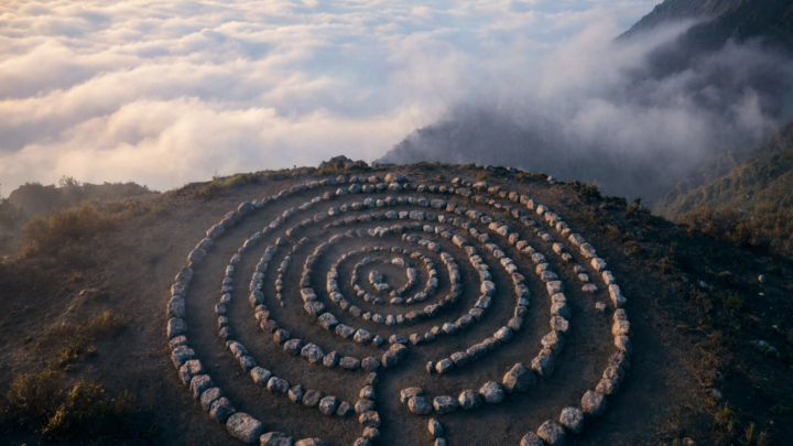 Grande labirinto a spirale tracciato su una collina sopra un mare di nuvole