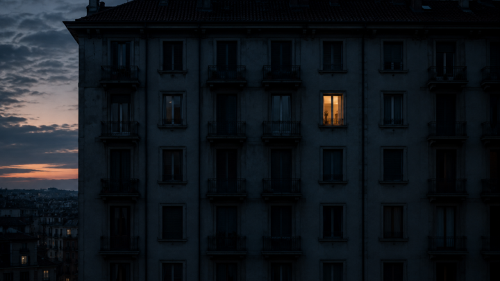 Facciata scura di un palazzo al crepuscolo con una sola finestra illuminata