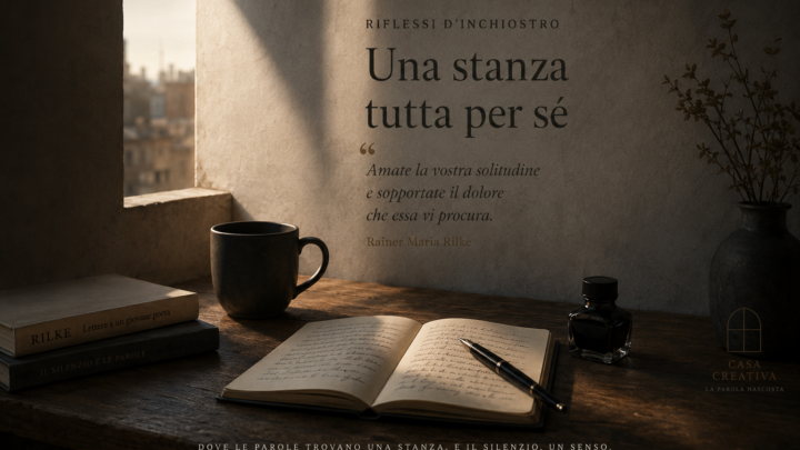 Scrivania con tazza e libri davanti a una parete illuminata con il titolo Una stanza tutta per sé