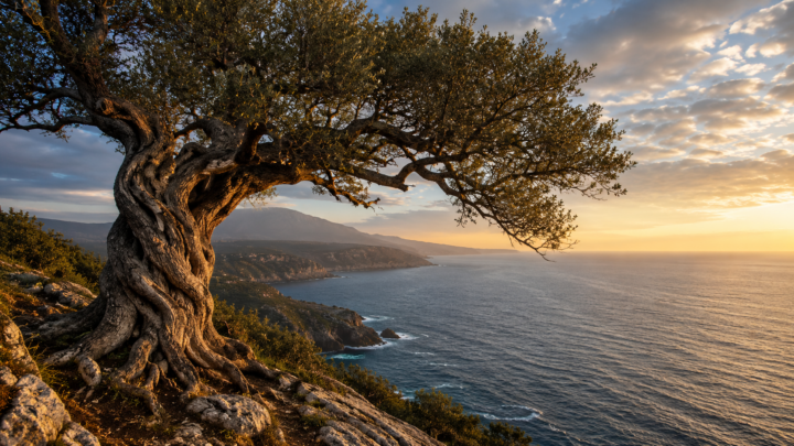 Grande albero contorto su una scogliera affacciata sul mare al tramonto
