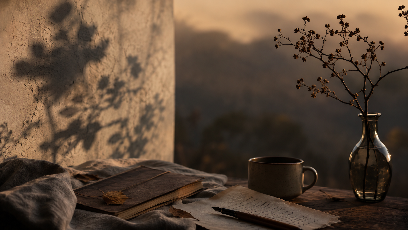 Sentiero al tramonto tra le colline con una panchina in legno, una lanterna accesa e un quaderno aperto, simbolo dell'amore che continua nei piccoli gesti quotidiani.