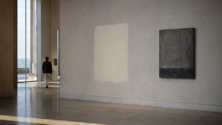 Una galleria mediterranea con un rettangolo chiaro lasciato vuoto sulla parete
