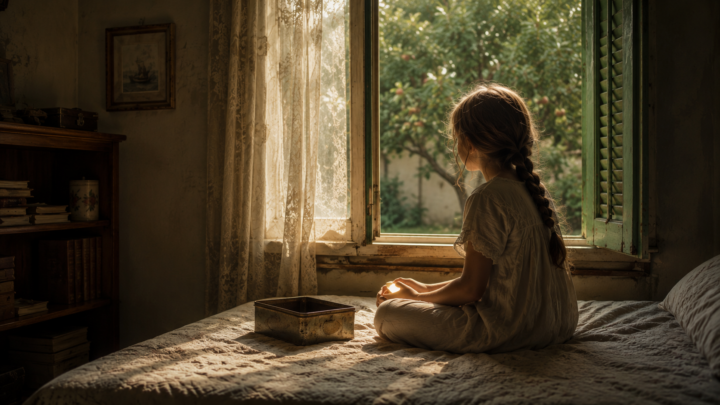 Bambina seduta sul letto davanti a una finestra con persiane verdi mentre tiene tra le mani il suo segreto accanto a una scatola di latta.
