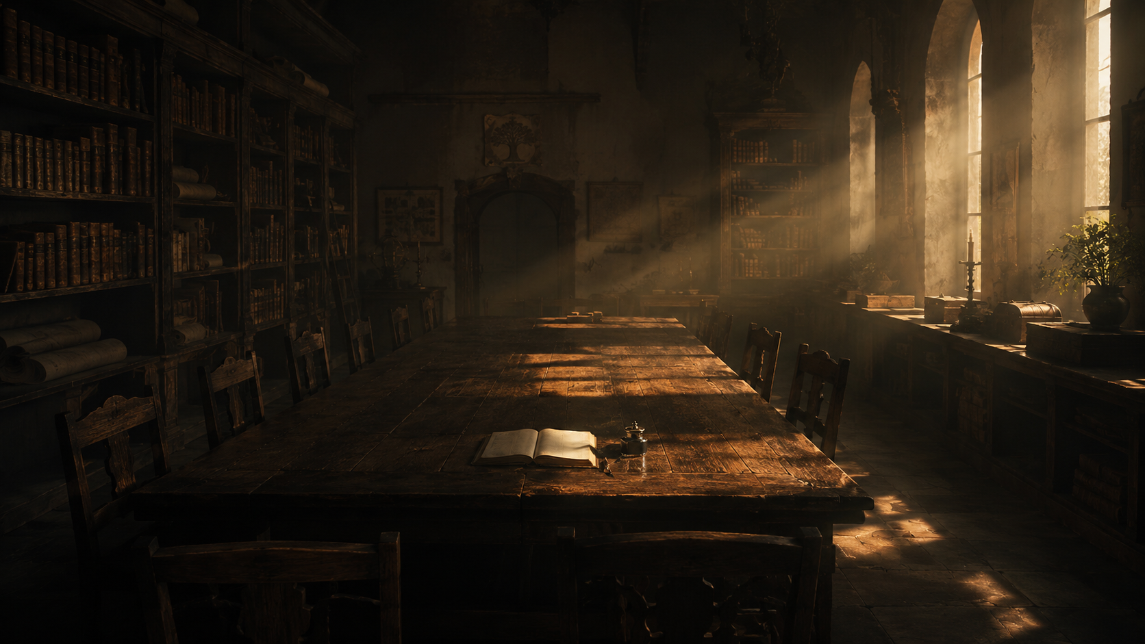 Una grande biblioteca antica e buia con alti scaffali pieni di libri di pelle; i caldi raggi del sole filtrano dalle alte finestre ad arco, illuminando un lungo tavolo di legno massiccio al cui centro si trova un libro aperto e un calamaio