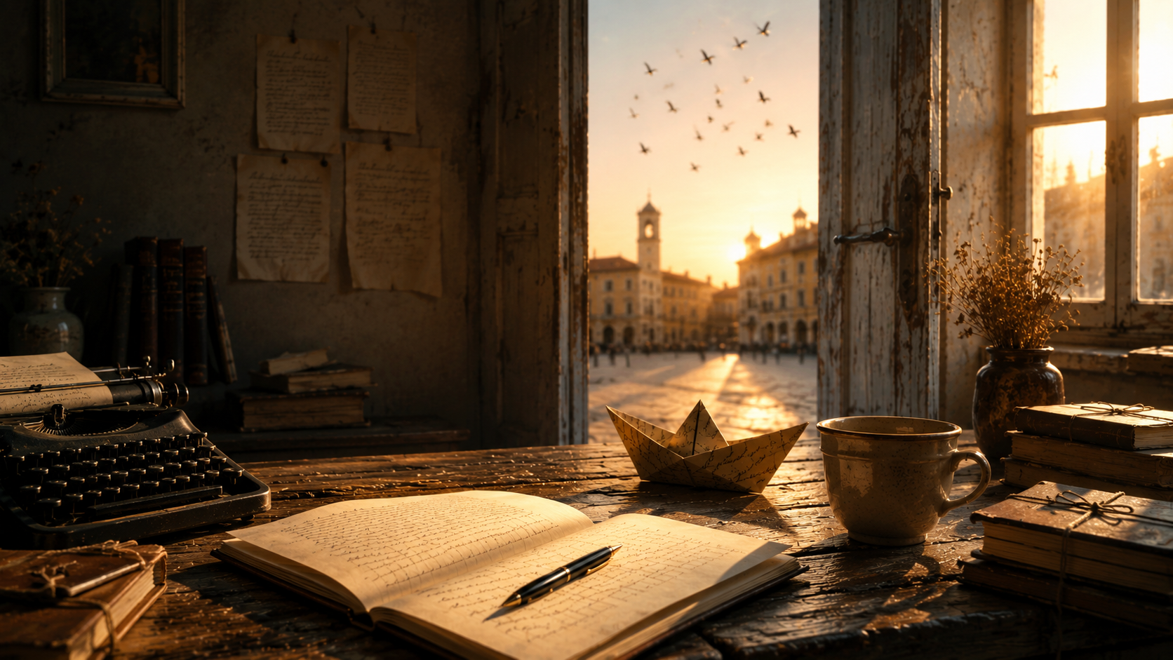 Scrivania di uno studio illuminata dalla luce del tramonto con un manoscritto aperto davanti a una porta spalancata verso la città, simbolo della separazione tra autore e opera.