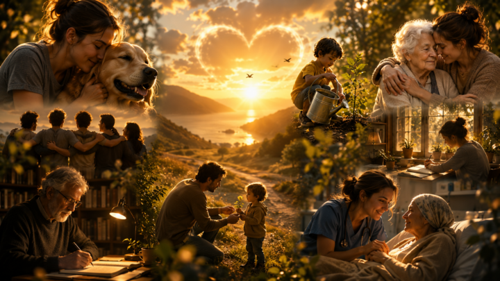 Un mosaico di scene che mostrano gesti di cura silenziosa, abbracci familiari, un uomo che scrive in biblioteca e un medico accanto a un paziente al tramonto, a evocare un testo sul legame nel tempo.